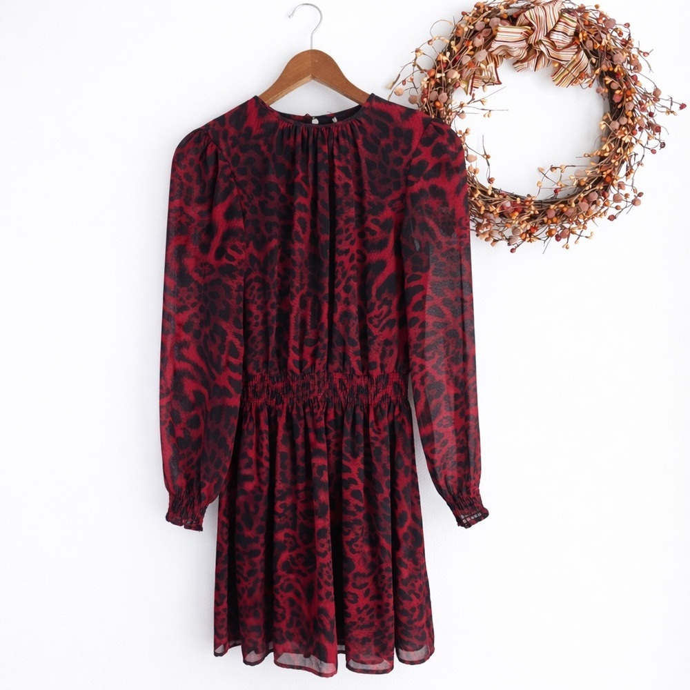 Michael Michael Kors Red Black Leopard Print Chiffon Smocked Waist Dress MEDIUM